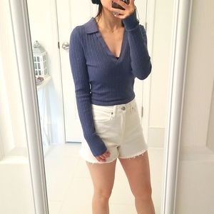 BDG - Rosie Crop Long Sleeve Polo, Vintage Indigo, Size S, NWT